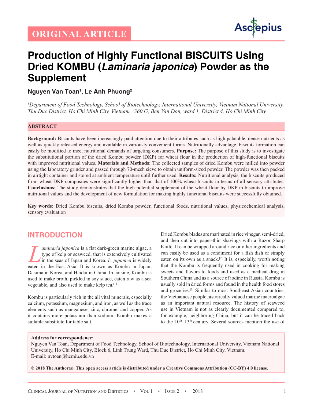Production of Highly Functional BISCUITS Using Dried KOMBU (Laminaria Japonica) Powder As the Supplement Nguyen Van Toan1, Le Anh Phuong2
