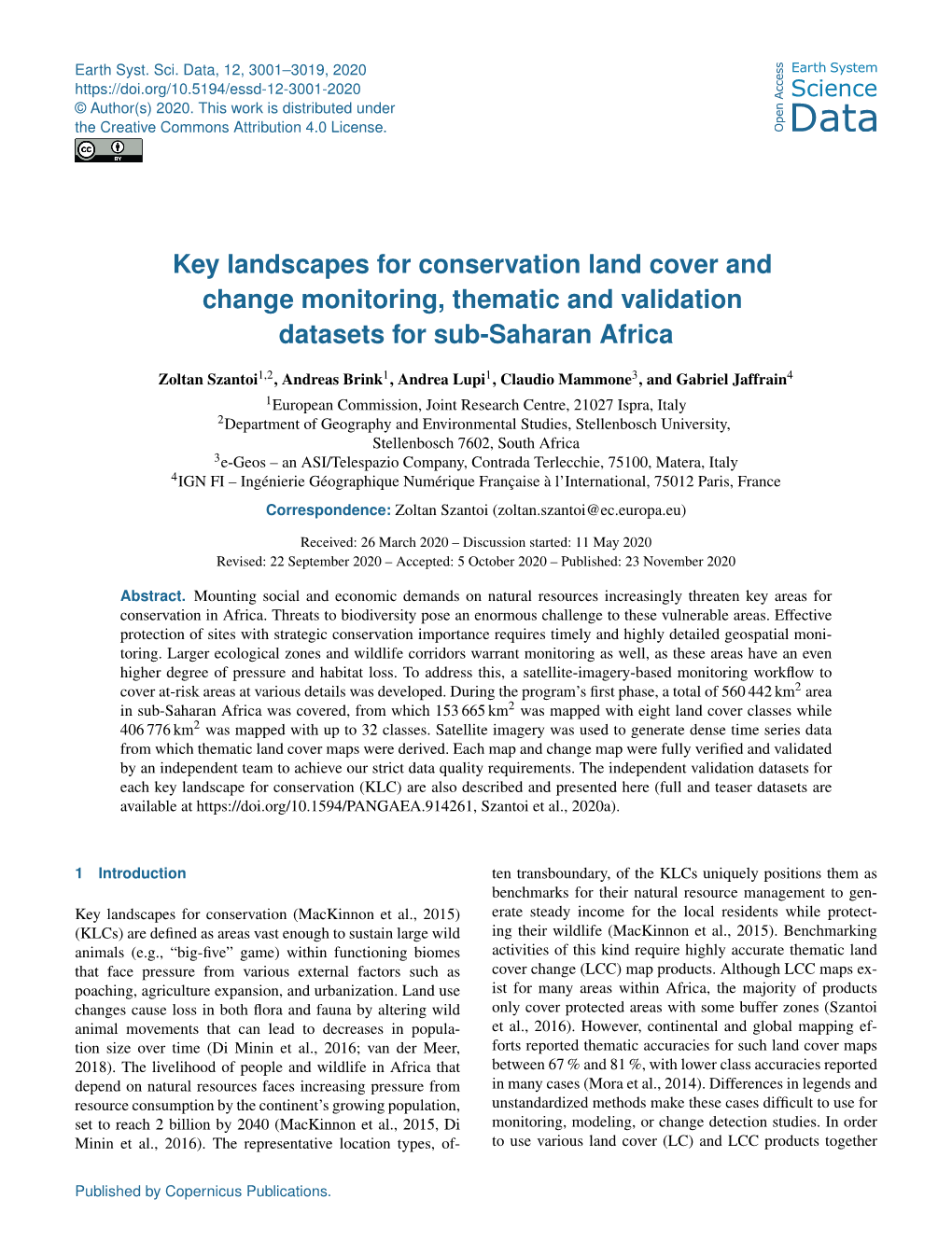 Article As Geometry for the Land Cover and Change Datasets and Point Well As Technical Reports and On-The-ﬂy Statistics