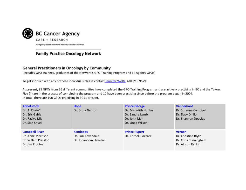 General Practitioners in Oncology by Community (Includes GPO Trainees, Graduates of the Network’S GPO Training Program and All Agency Gpos)