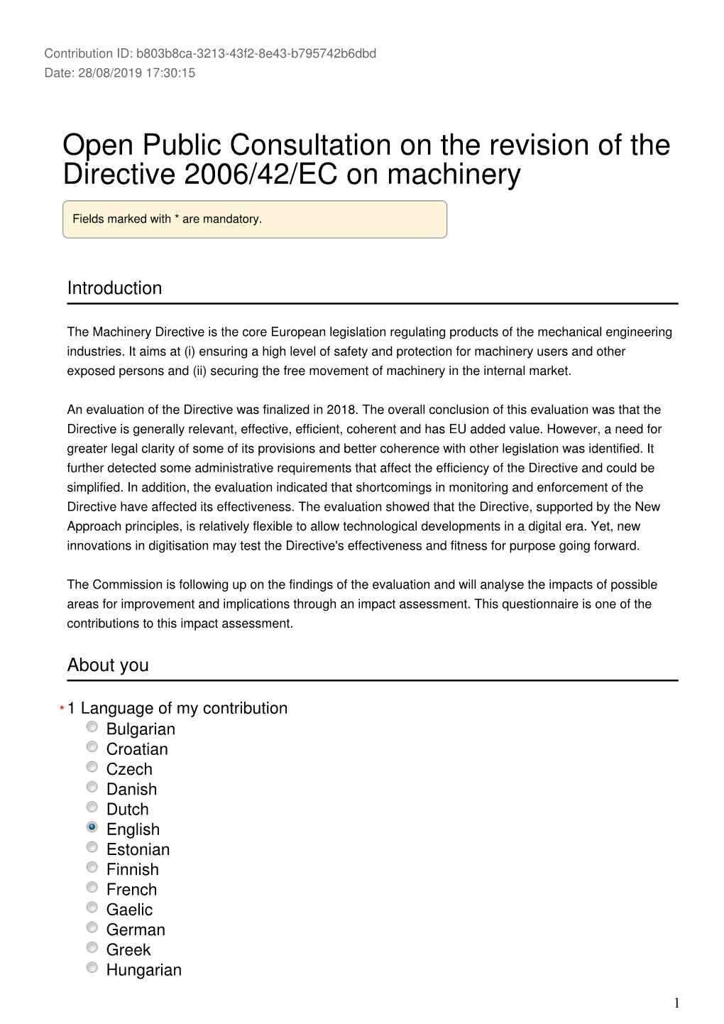 Open Public Consultation on the Revision of the Directive 2006/42/EC on Machinery