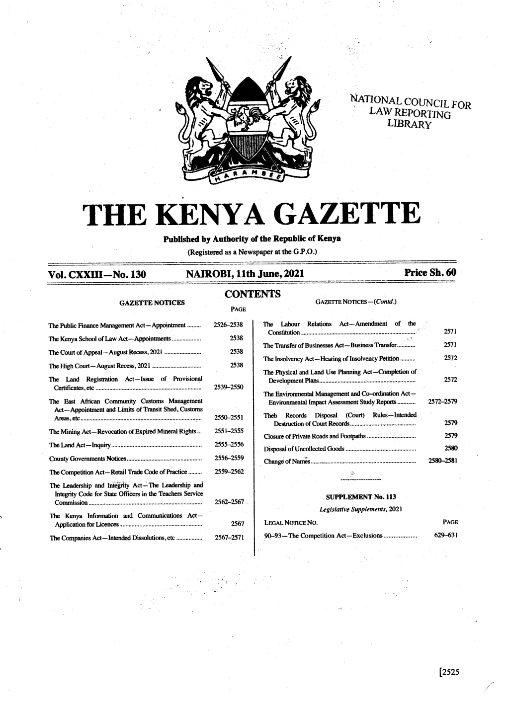 THE KENYA GAZETTE Published by Authority of the Republic of Kenya (Registered As a Newspaper at the G.P.O.)