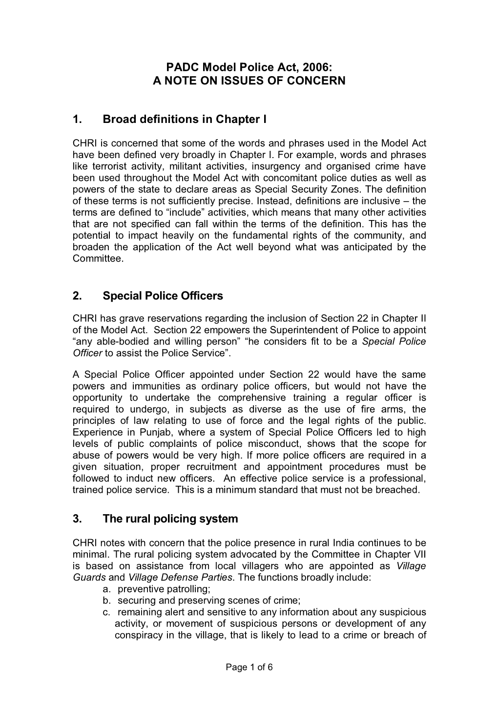 PADC Model Police Act, 2006: a NOTE on ISSUES of CONCERN 1