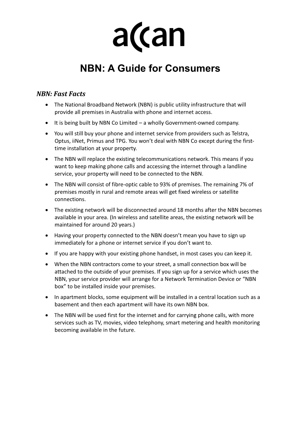 NBN: a Guide for Consumers