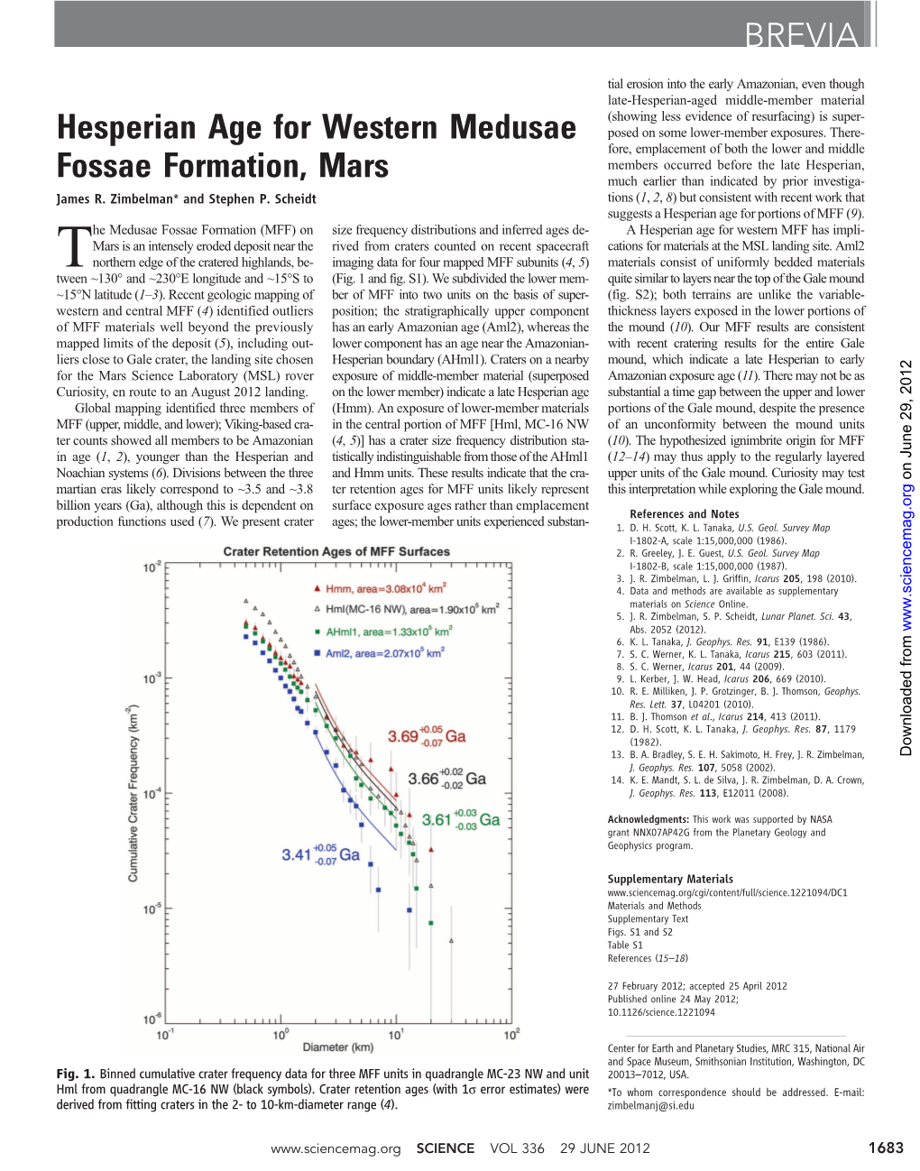 Hesperian Age for Western Medusae Fossae Formation, Mars BREVIA