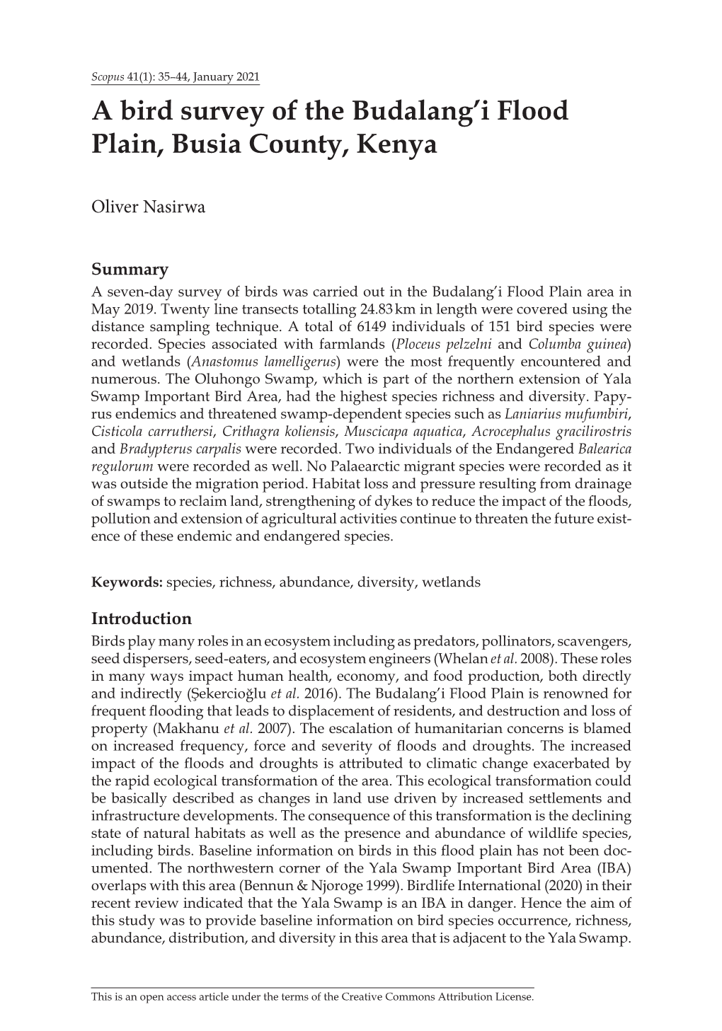 A Bird Survey of the Budalang'i Flood Plain, Busia County, Kenya