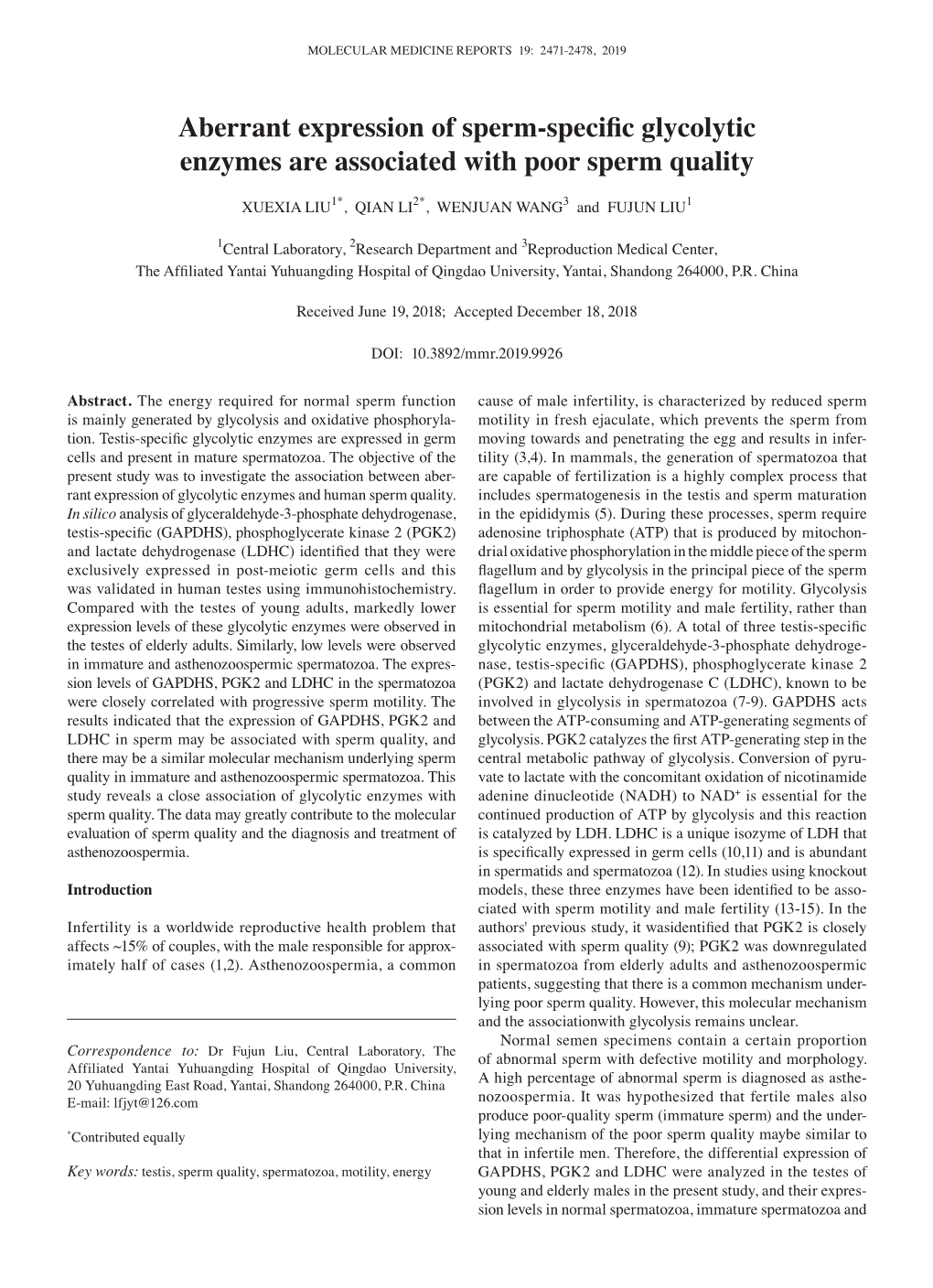 Aberrant Expression of Sperm‑Specific Glycolytic Enzymes Are Associated with Poor Sperm Quality