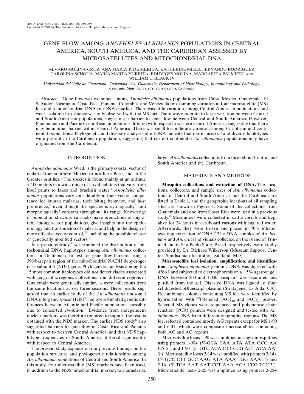 Gene Flow Among Anopheles Albimanus Populations in Central America, South America, and the Caribbean Assessed by Microsatellites and Mitochondrial Dna