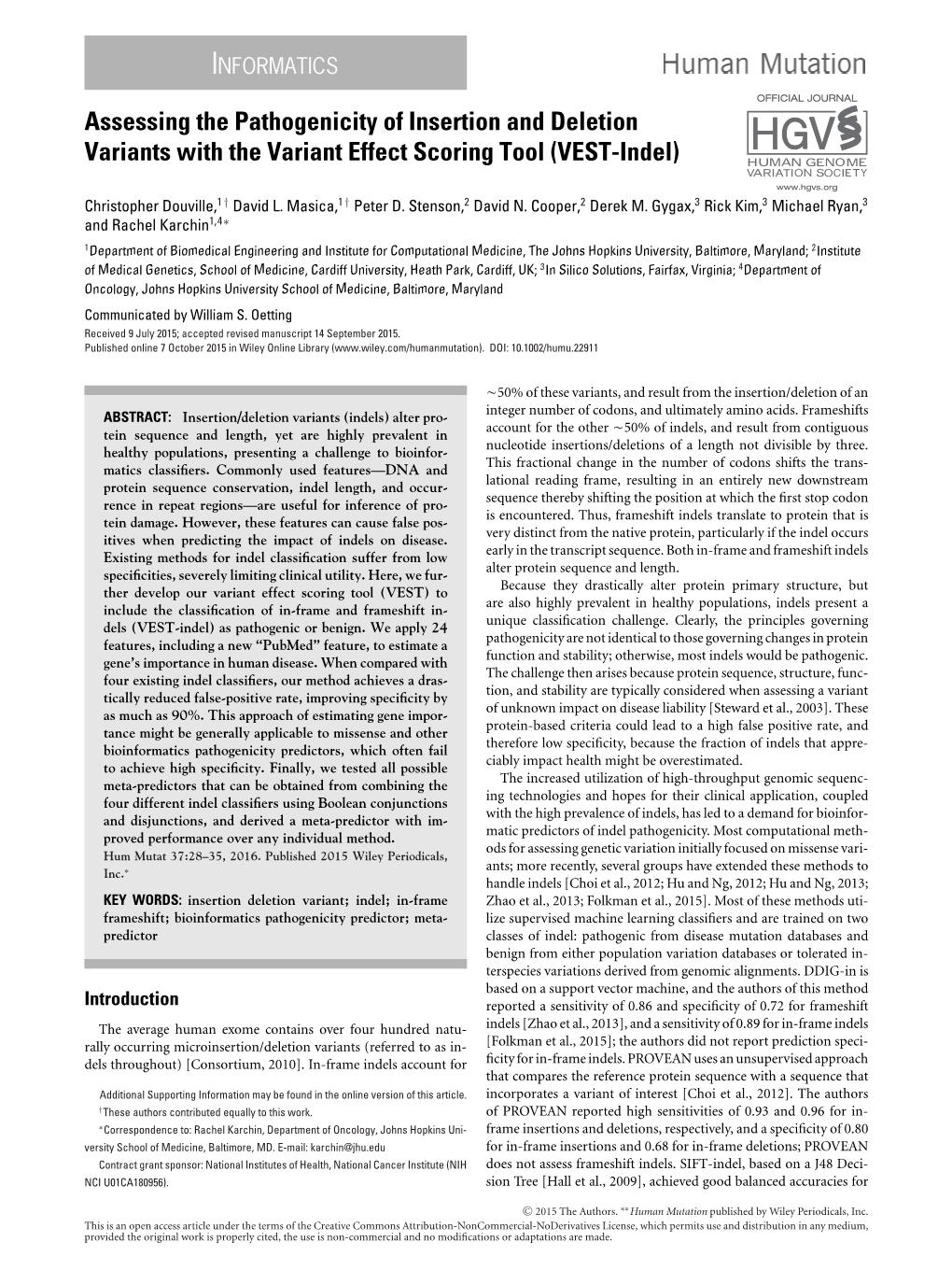 Assessing the Pathogenicity of Insertion and Deletion Variants with the Variant Effect Scoring Tool (VEST-Indel)