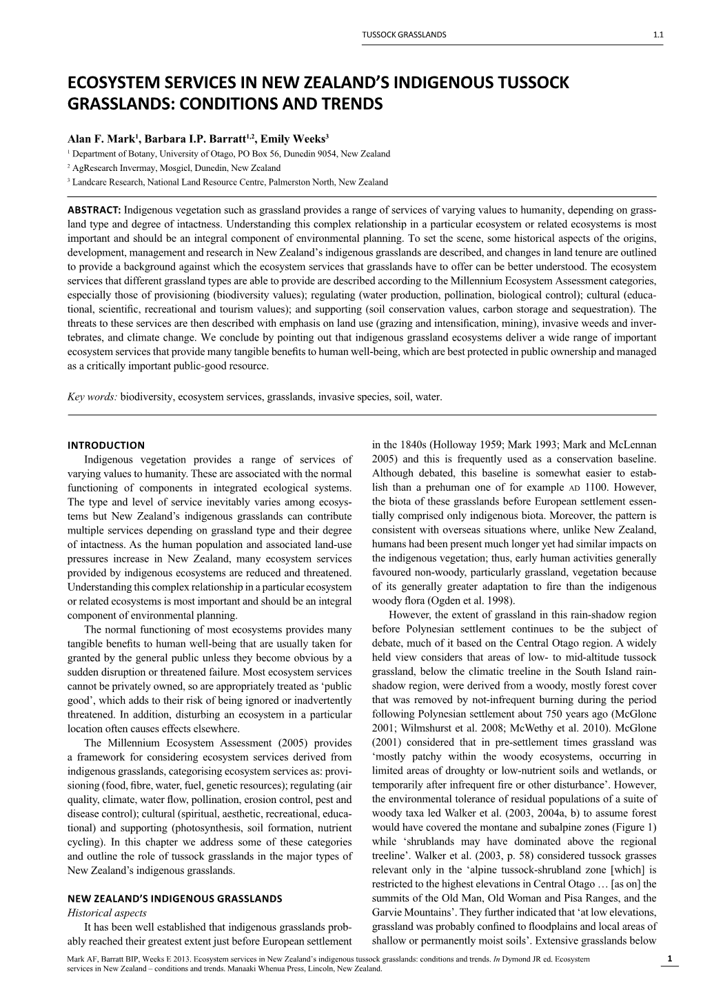 Ecosystem Services in New Zealand's Indigenous Tussock Grasslands