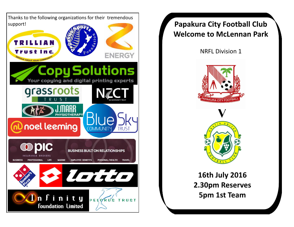 Papakura City Football Club Welcome to Mclennan Park 16Th July 2016
