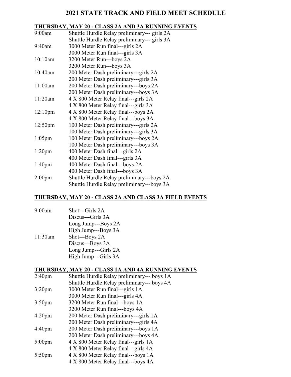 2021 State Track and Field Meet Schedule