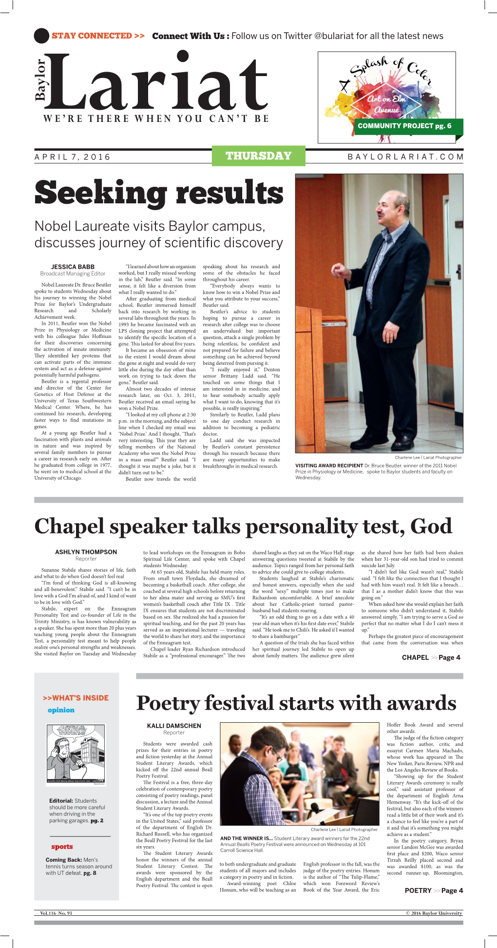 Seeking Results Nobel Laureate Visits Baylor Campus, Discusses Journey of Scientiﬁ C Discovery