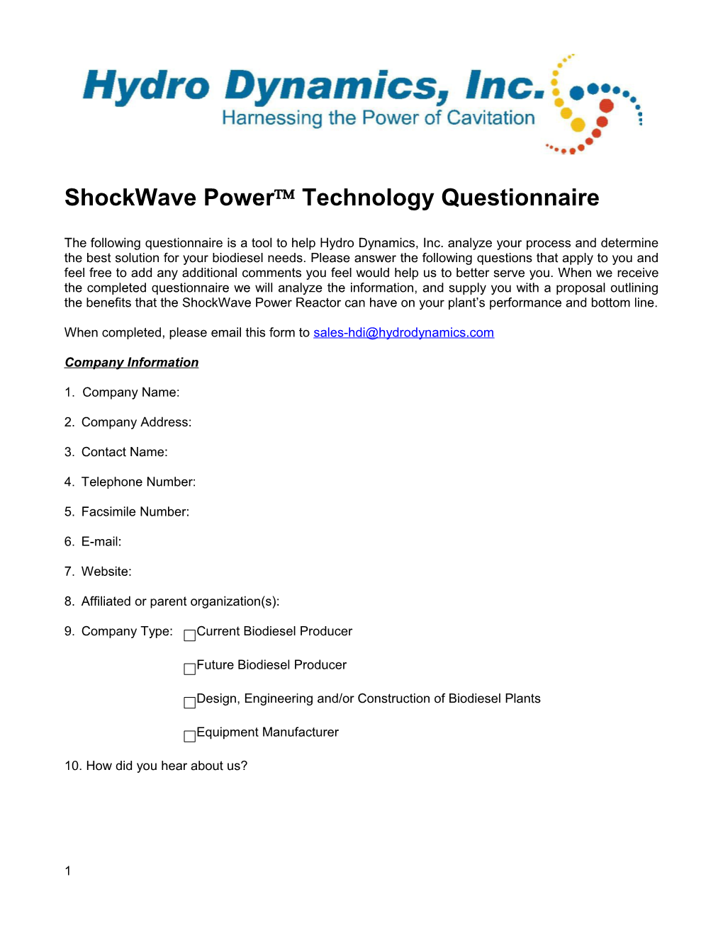 Questionnaire for Black Liquor Preheating by Shockwave Power Generator