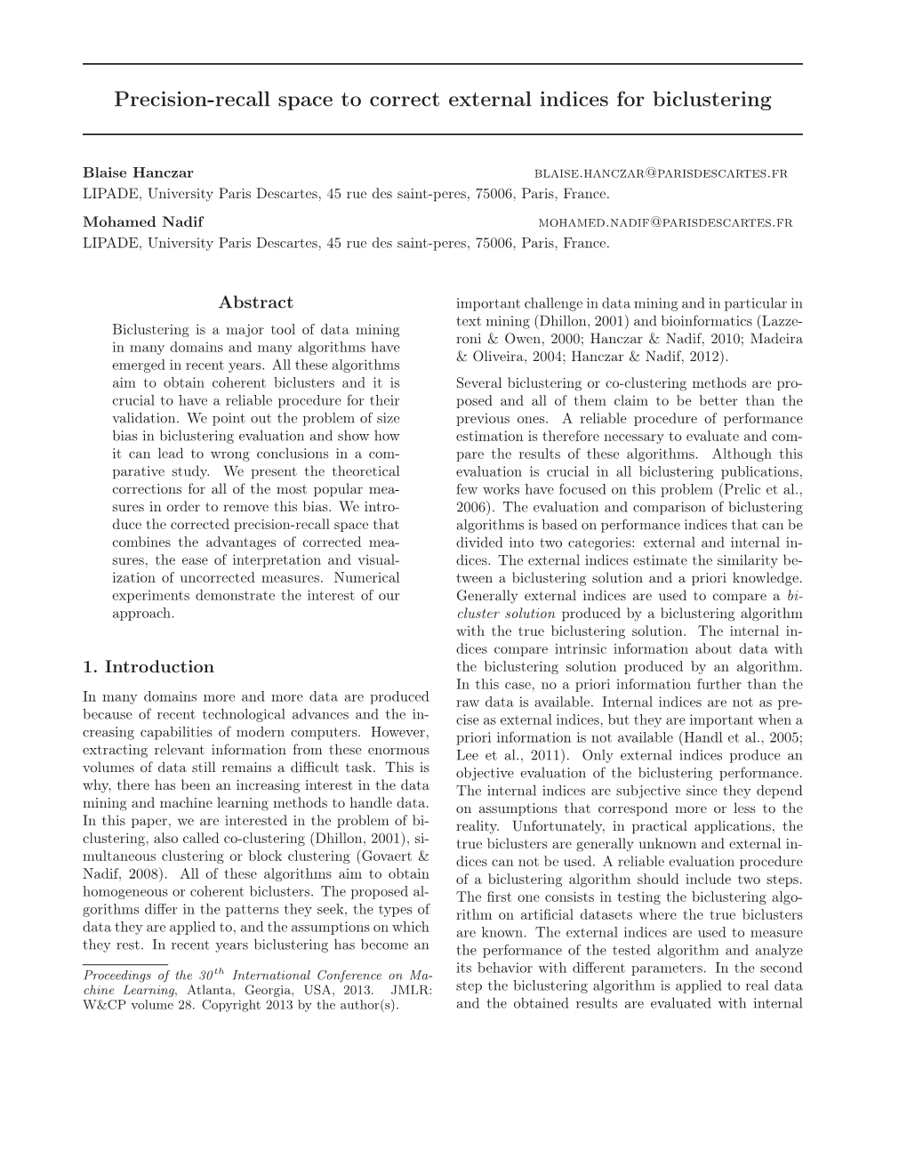 Precision-Recall Space to Correct External Indices for Biclustering