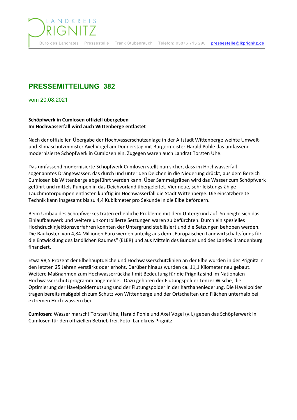 PRESSEMITTEILUNG 382 Vom 20.08.2021