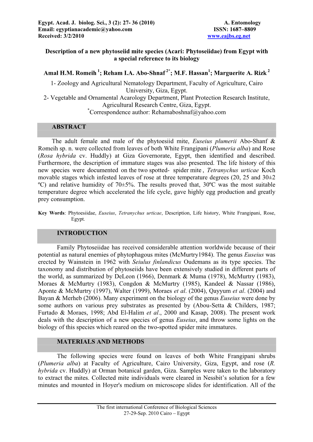 Description of a New Phytoseiid Mite Species (Acari: Phytoseiidae) from Egypt with a Special Reference to Its Biology