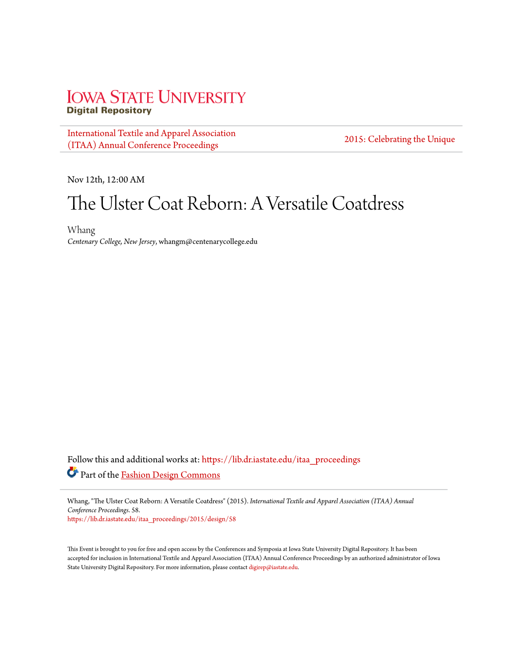 The Ulster Coat Reborn: a Versatile Coatdress Whang Centenary College, New Jersey, Whangm@Centenarycollege.Edu