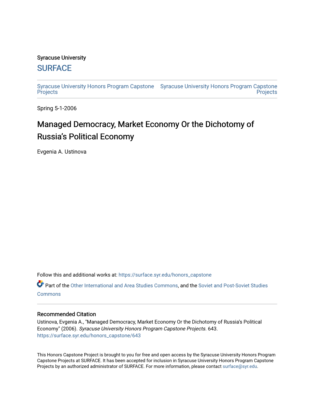 Managed Democracy, Market Economy Or the Dichotomy of Russia’S Political Economy