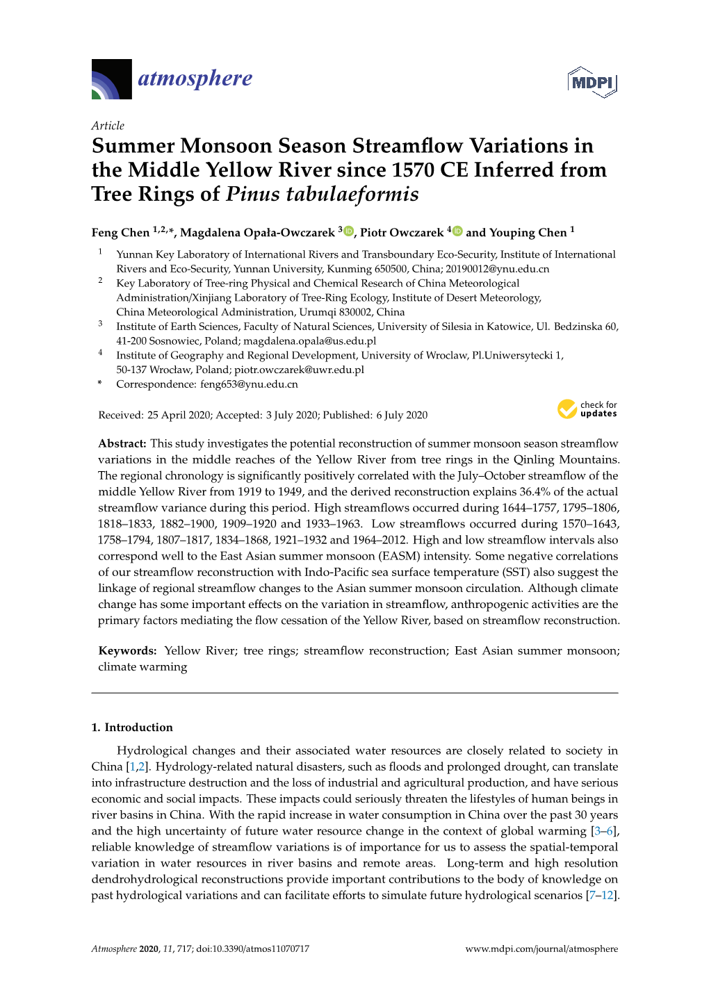 Summer Monsoon Season Streamflow Variations in the Middle Yellow River Since 1570 CE Inferred from Tree Rings of Pinus Tabulaefo