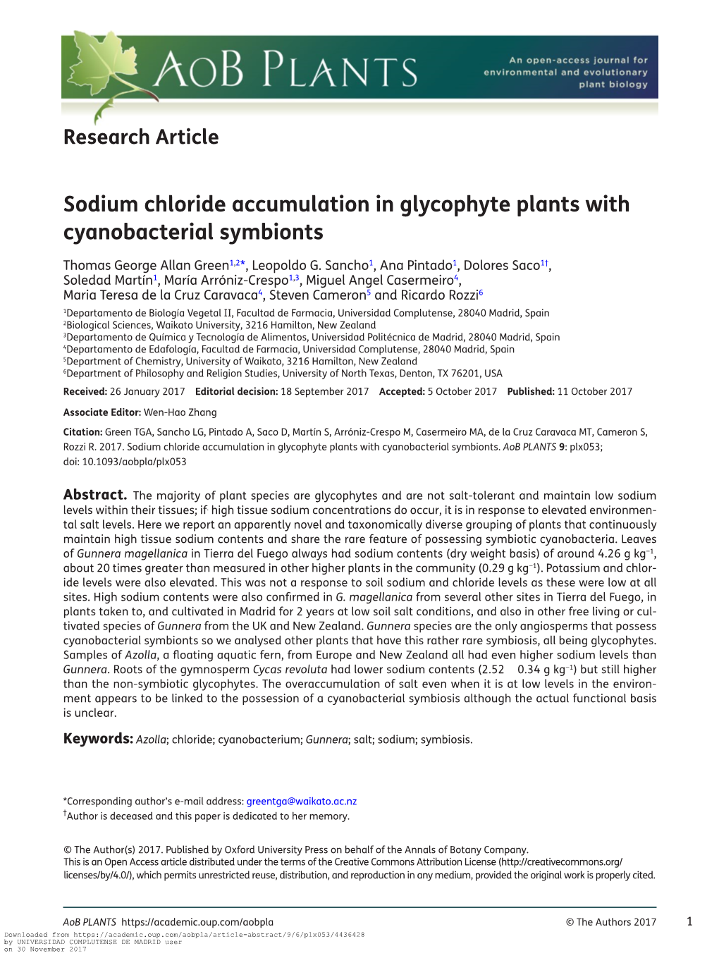 Sodium Chloride Accumulation in Glycophyte Plants with Cyanobacterial Symbionts