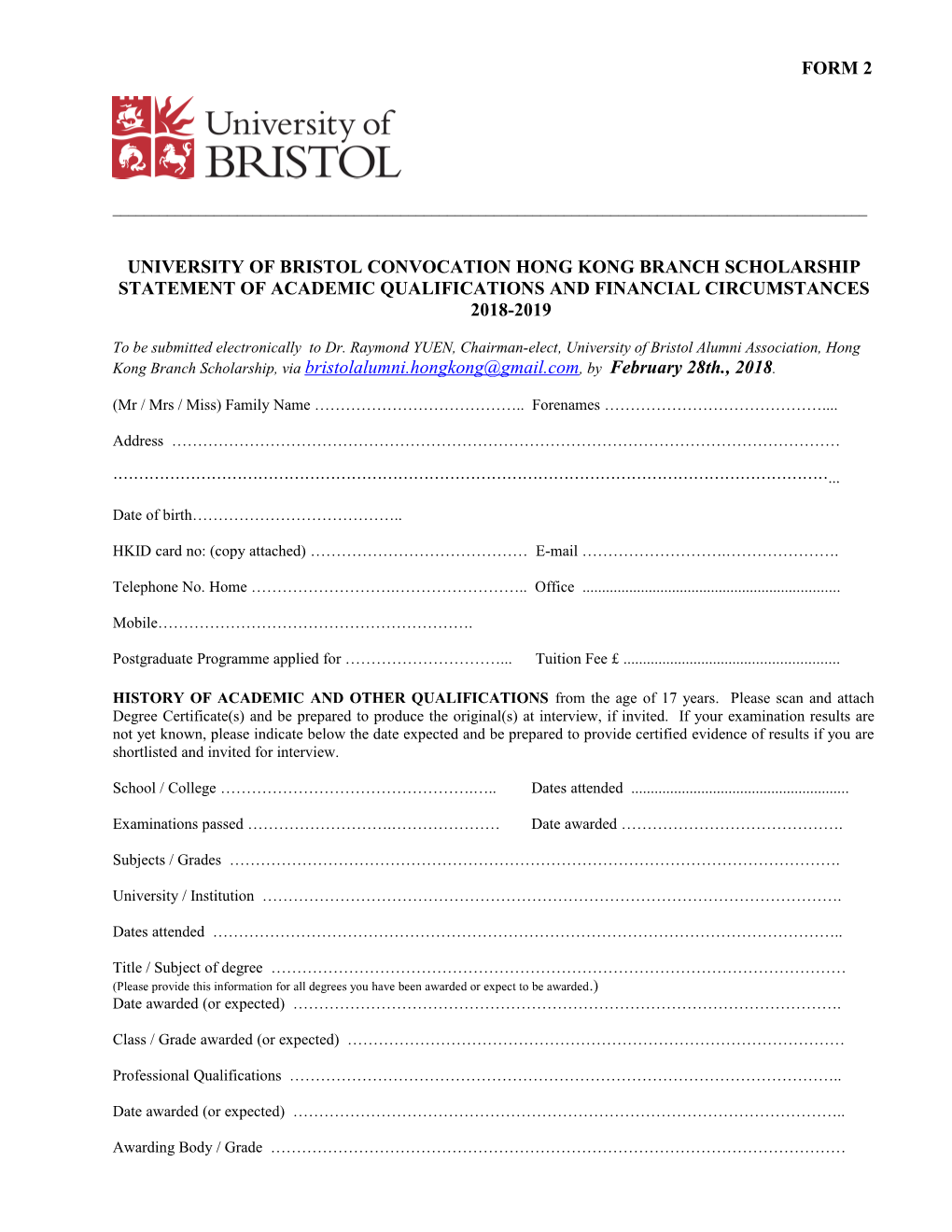 University of Bristol Convocation Hong Kong Branch Scholarship