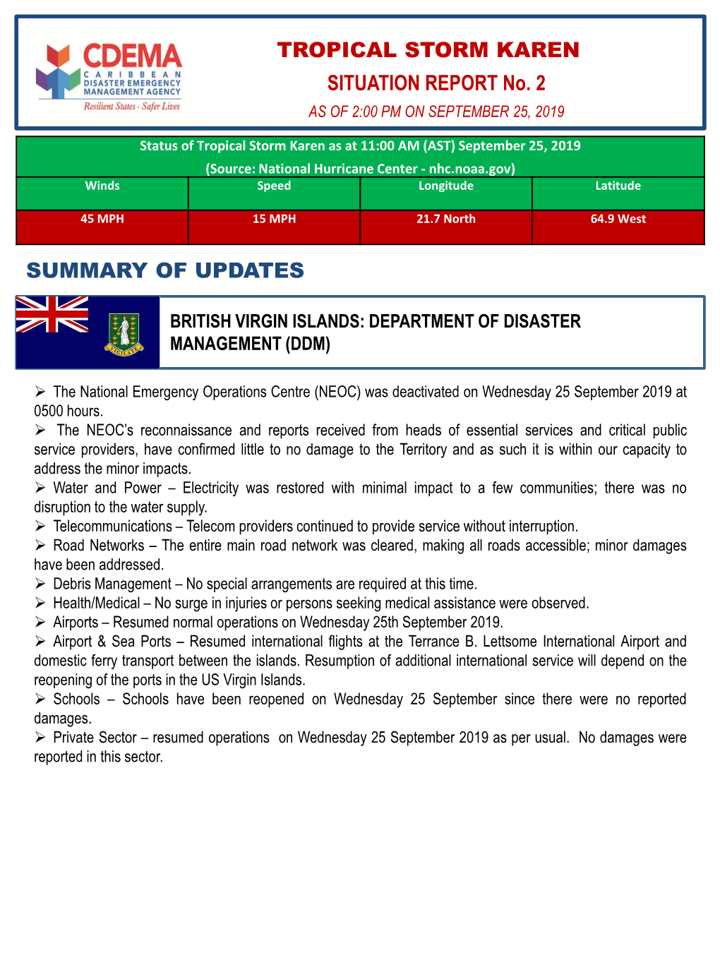 TROPICAL STORM KAREN SITUATION REPORT No. 2 AS of 2:00 PM on SEPTEMBER 25, 2019