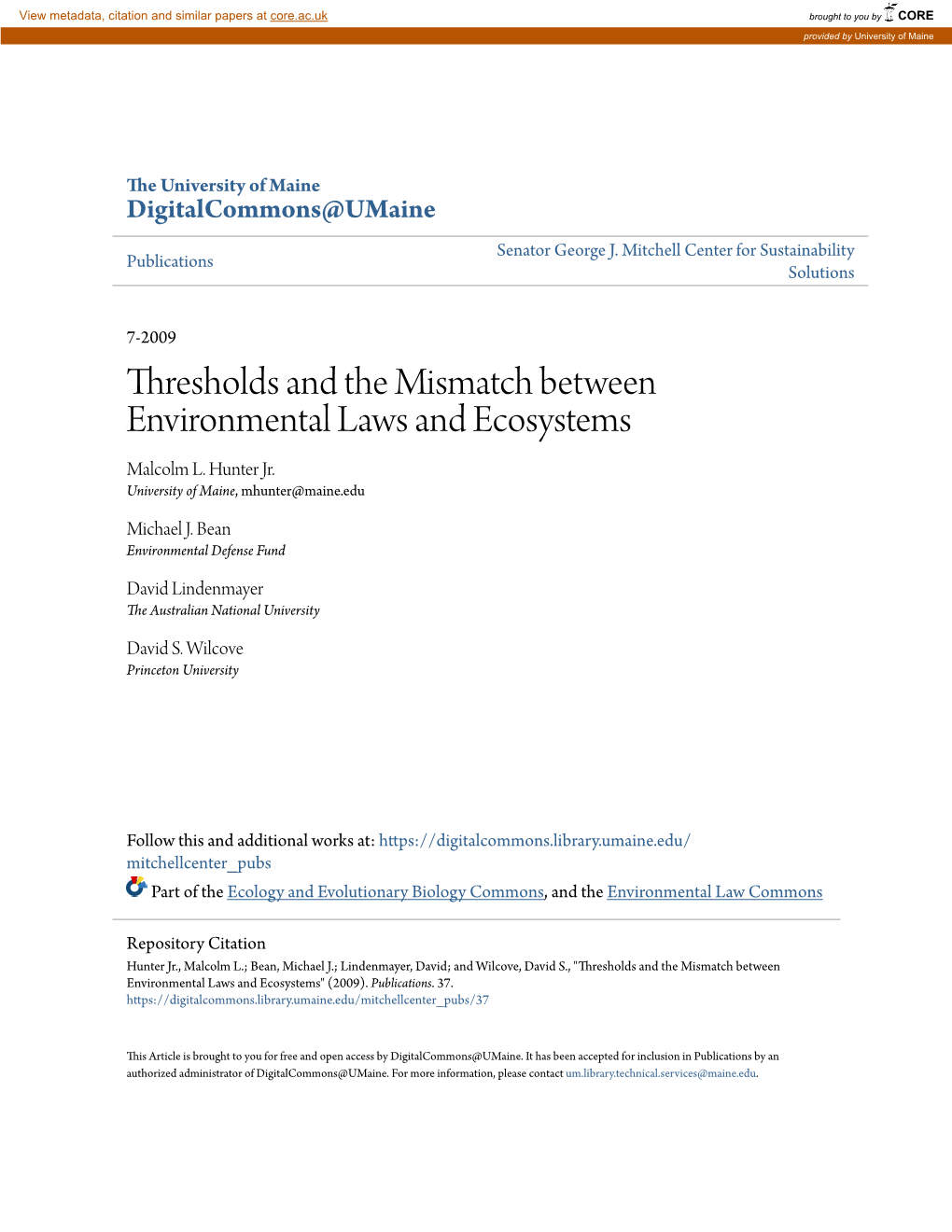 Thresholds and the Mismatch Between Environmental Laws and Ecosystems Malcolm L