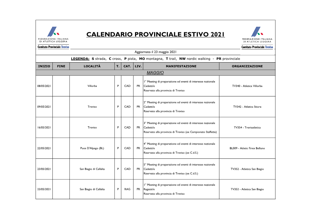 Calendario Provinciale Estivo 2021