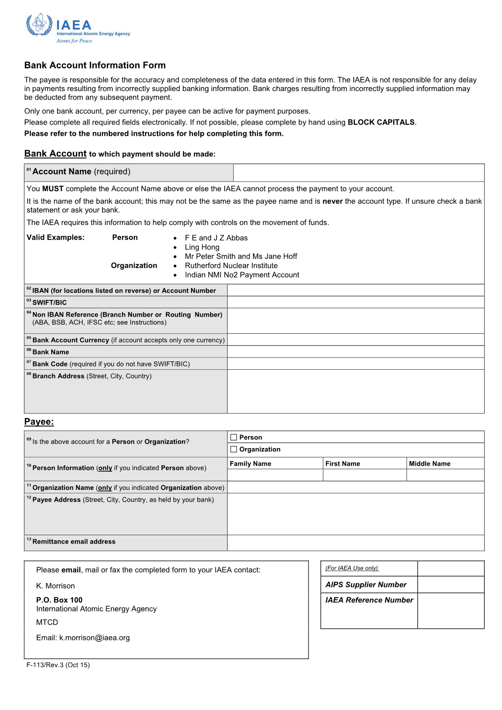 Bank Account Information Form Payee