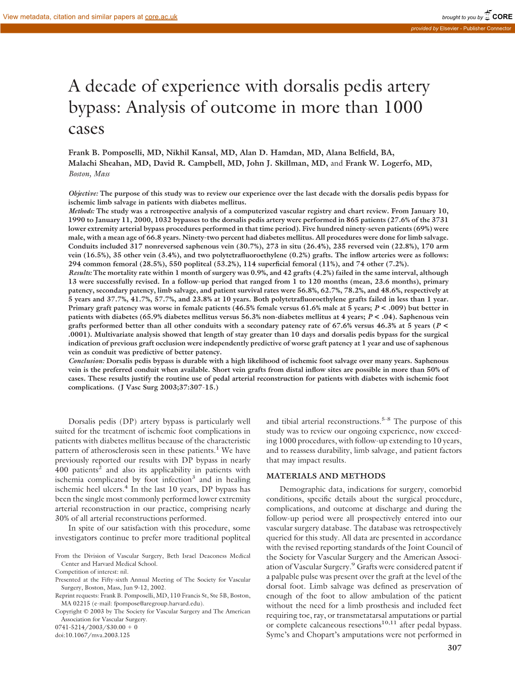 A Decade of Experience with Dorsalis Pedis Artery Bypass: Analysis of Outcome in More Than 1000 Cases