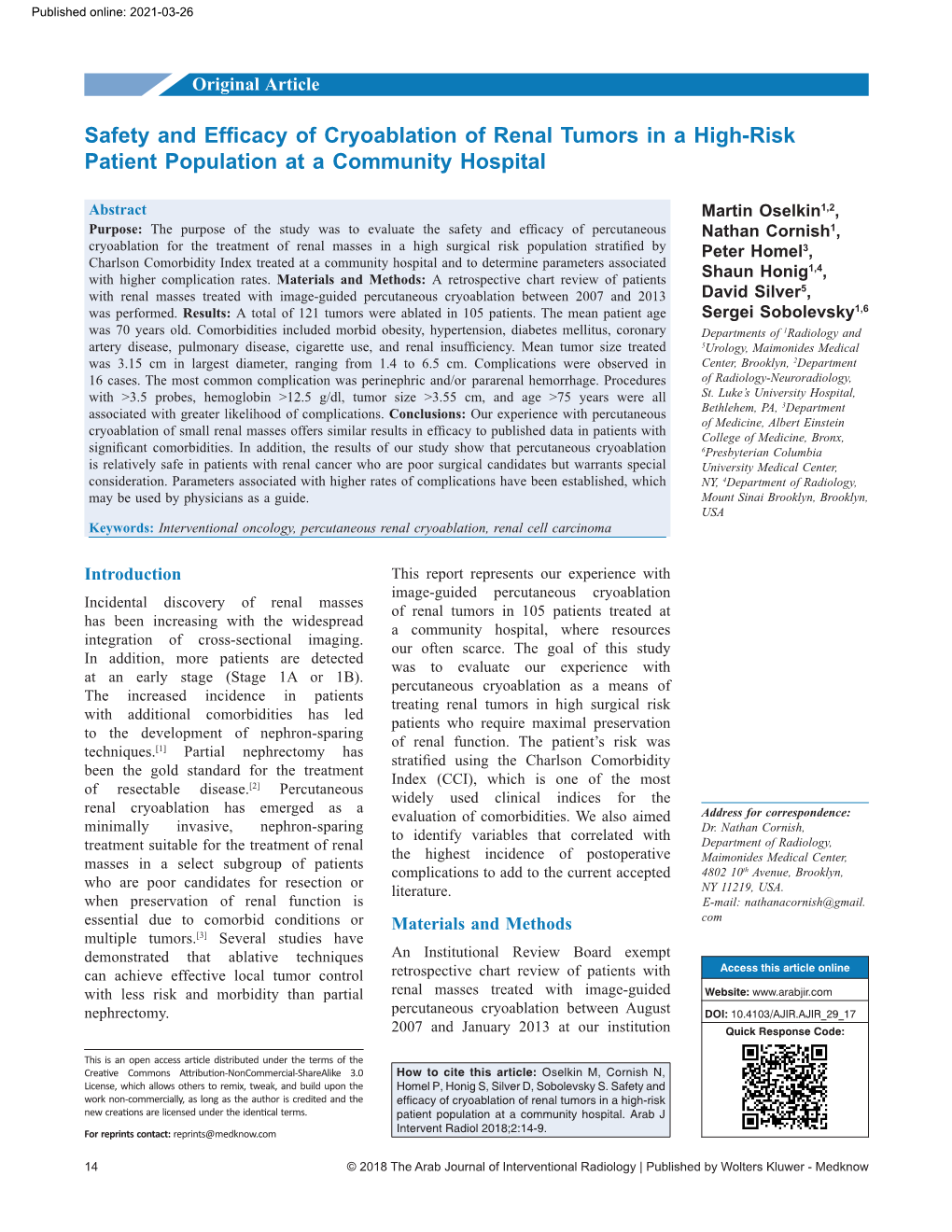 Safety and Efficacy of Cryoablation of Renal Tumors in a High‑Risk Patient Population at a Community Hospital