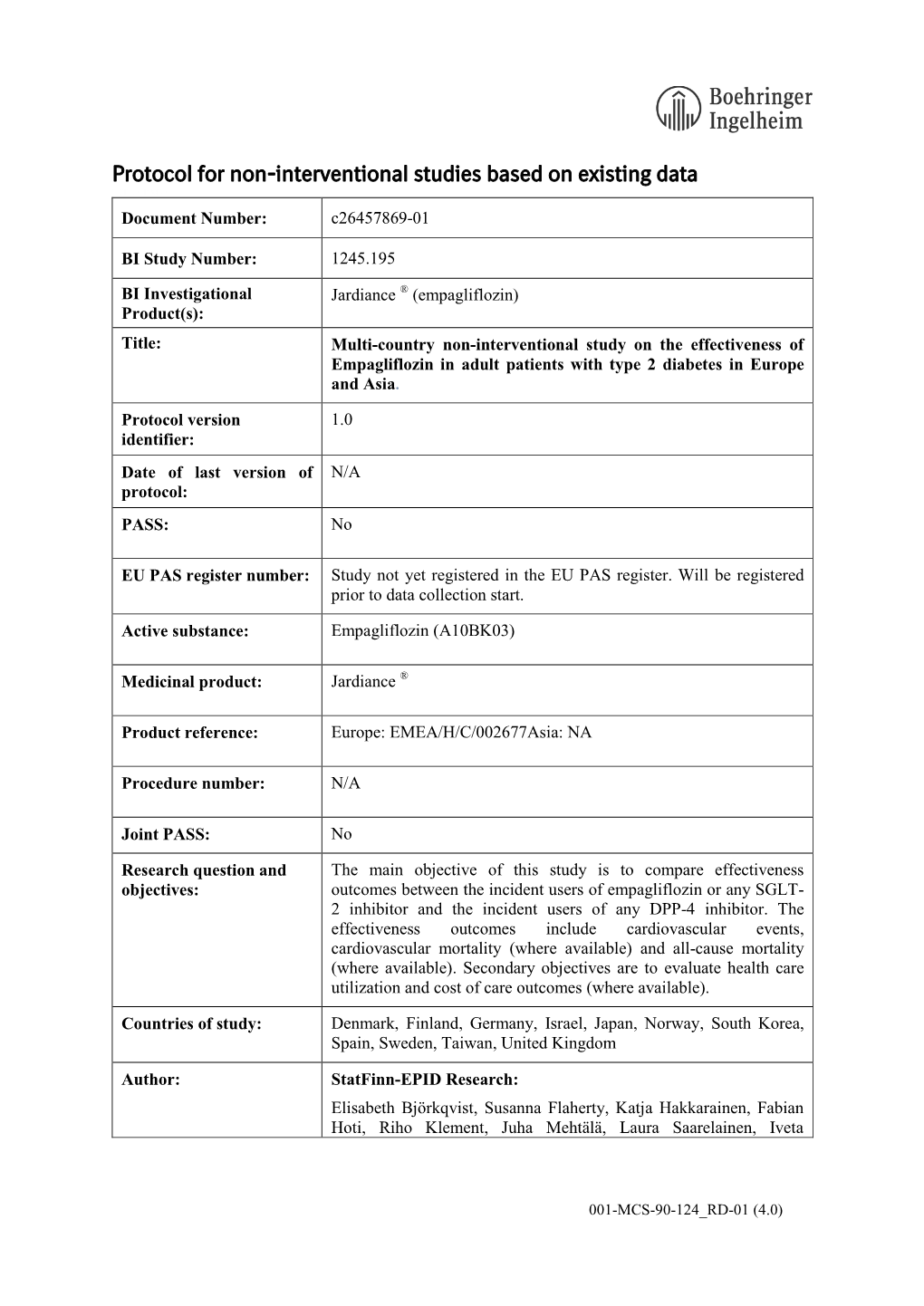 Protocol for Non-Interventional Studies Based on Existing Data TITLE PAGE Document Number: C26457869-01