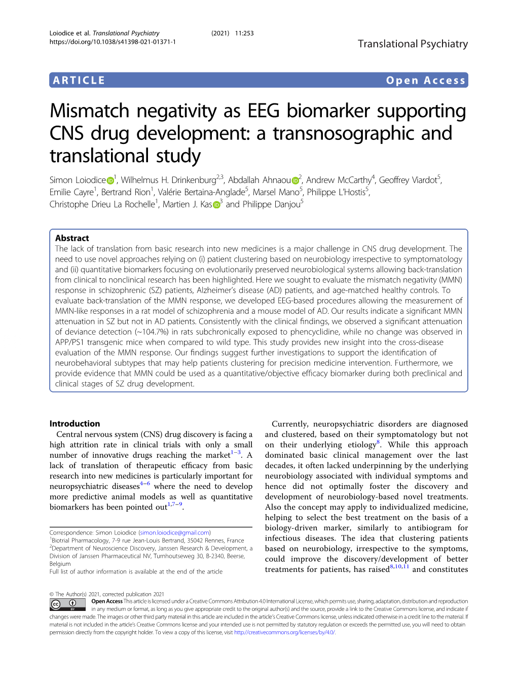Mismatch Negativity As EEG Biomarker Supporting CNS