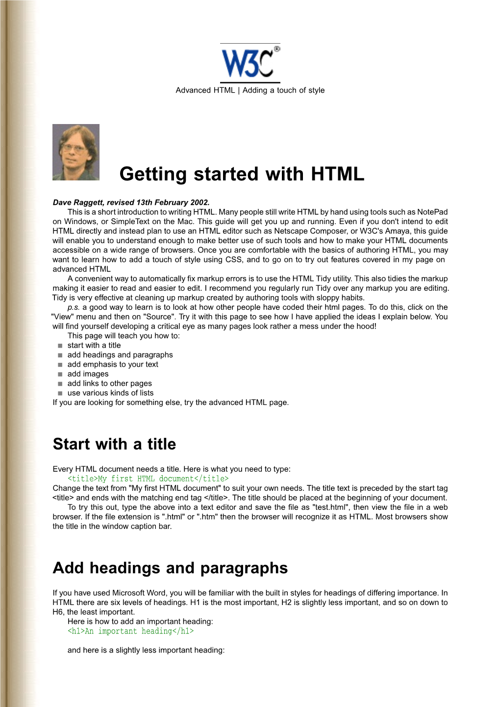 Dave Raggett's Introduction to HTML