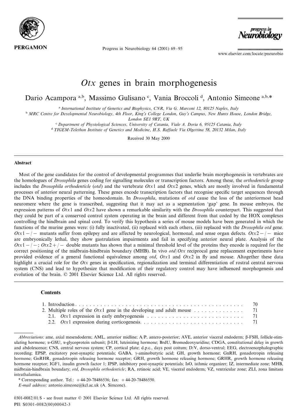 Otx Genes in Brain Morphogenesis