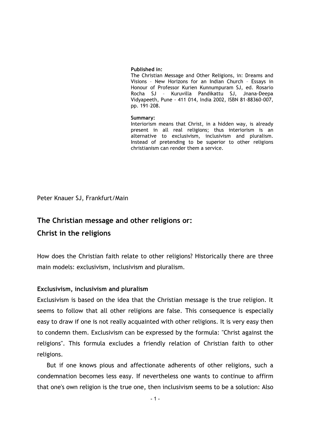 The Christian Message and Other Religions Or: Christ in the Religions