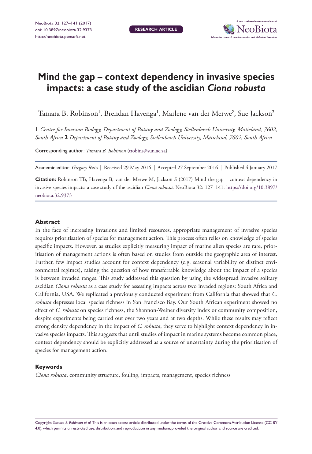 Context Dependency in Invasive Species Impacts: a Case Study of the Ascidian Ciona Robusta