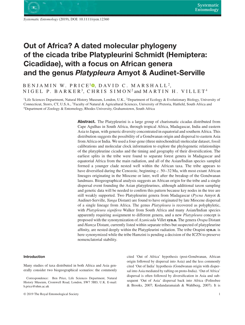 A Dated Molecular Phylogeny of the Cicada Tribe Platypleurini Schmidt