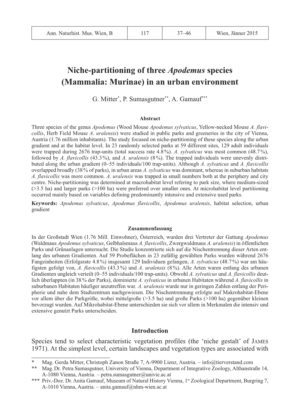 Niche-Partitioning of Three Apodemus Species (Mammalia: Murinae) in an Urban Environment