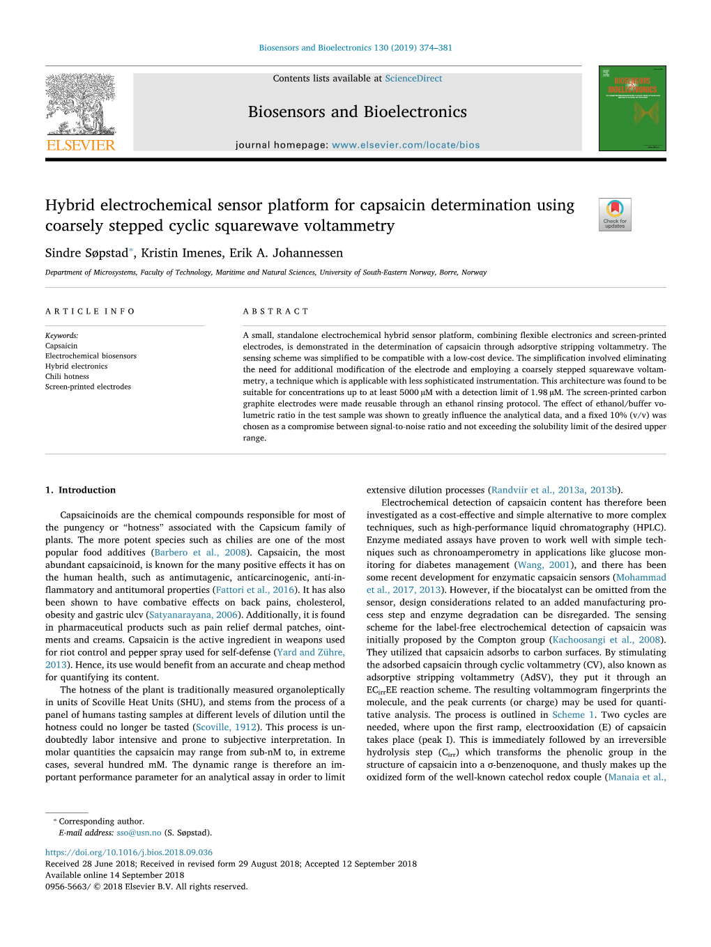 Hybrid Electrochemical Sensor Platform for Capsaicin Determination Using Coarsely Stepped Cyclic Squarewave Voltammetry T ⁎ Sindre Søpstad , Kristin Imenes, Erik A