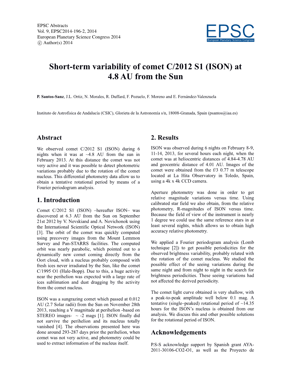 EPSC2014-196-2, 2014 European Planetary Science Congress 2014 Eeuropeapn Planetarsy Science Ccongress C Author(S) 2014