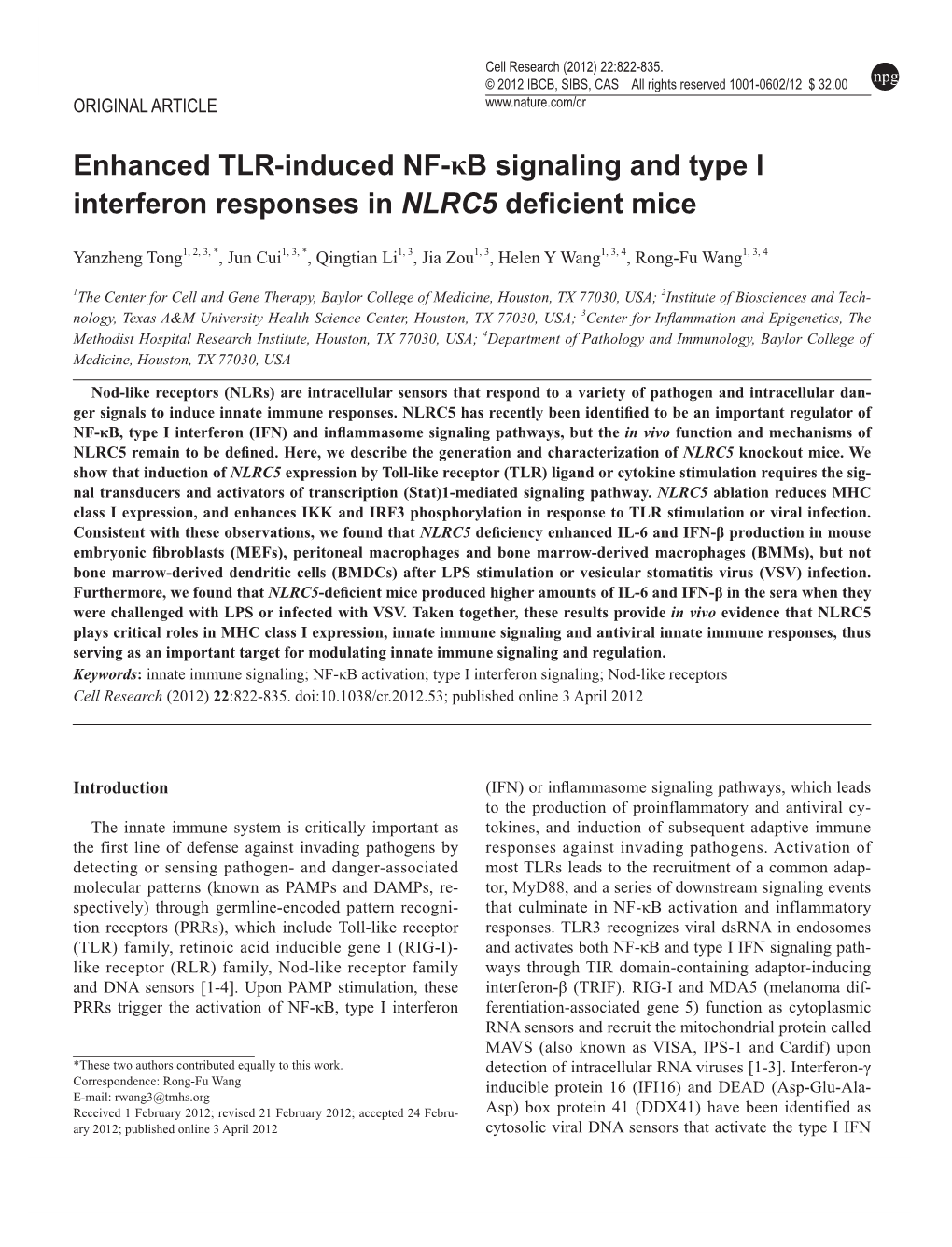 Enhanced TLR-Induced NF-Κb Signaling and Type I Interferon Responses in NLRC5 Deficient Mice