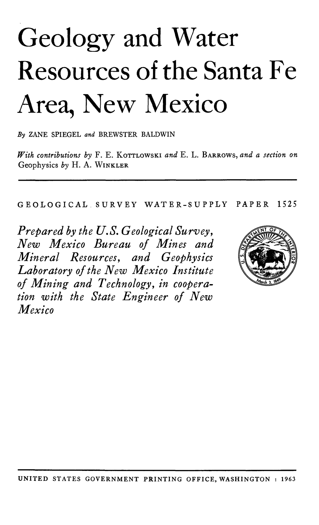 Geology and Water Resources of the Santa Fe Area, New Mexico