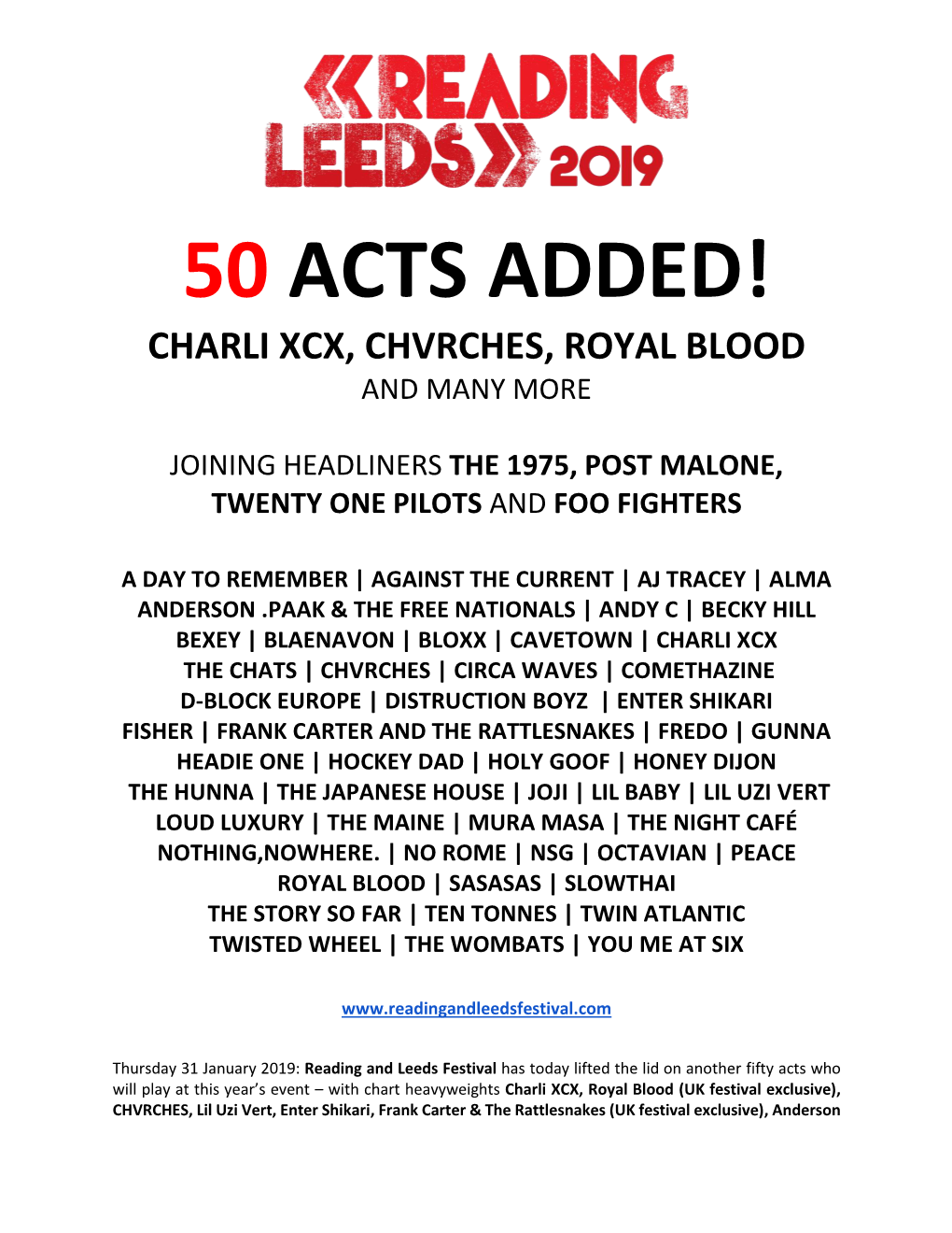 50 Acts Added! Charli Xcx, Chvrches, Royal Blood and Many More