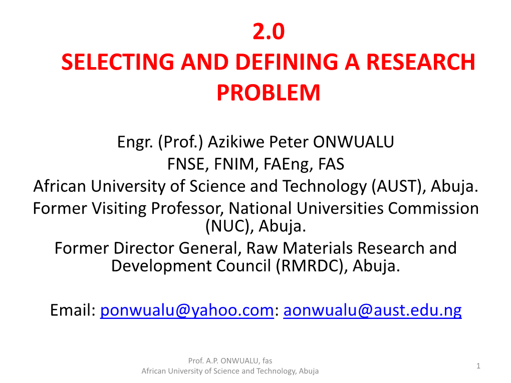 2.0 Selecting and Defining a Research Problem