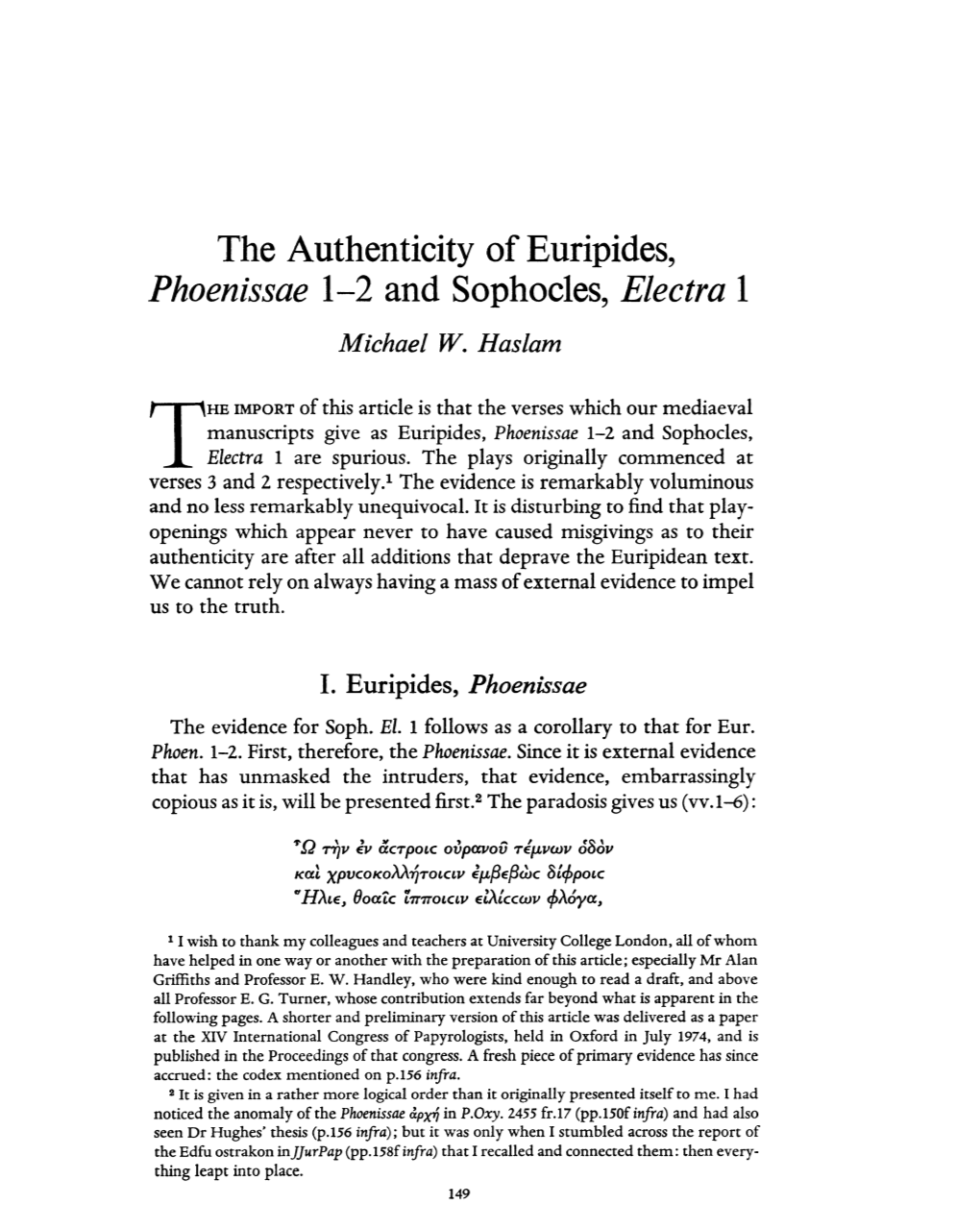 The Authenticity of Euripides, Phoenissae 1-2 and Sophocles, Electra I Michael W