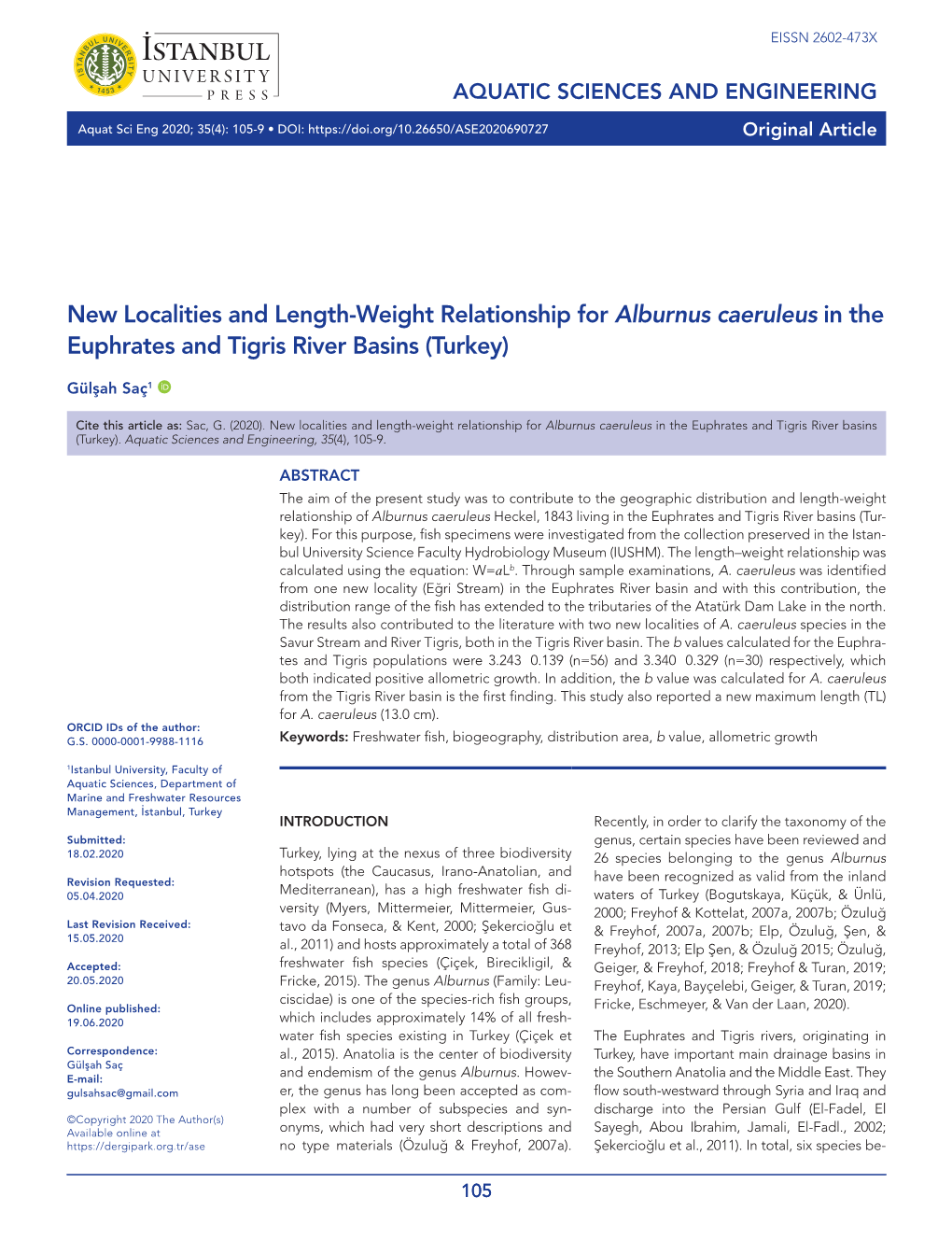 New Localities and Length-Weight Relationship for Alburnus Caeruleus in the Euphrates and Tigris River Basins (Turkey)