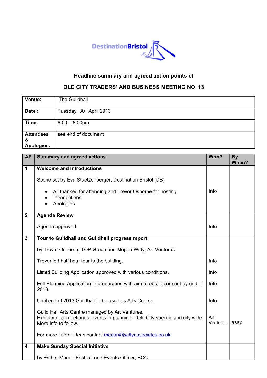 Headline Summary and Agreed Action Points Of