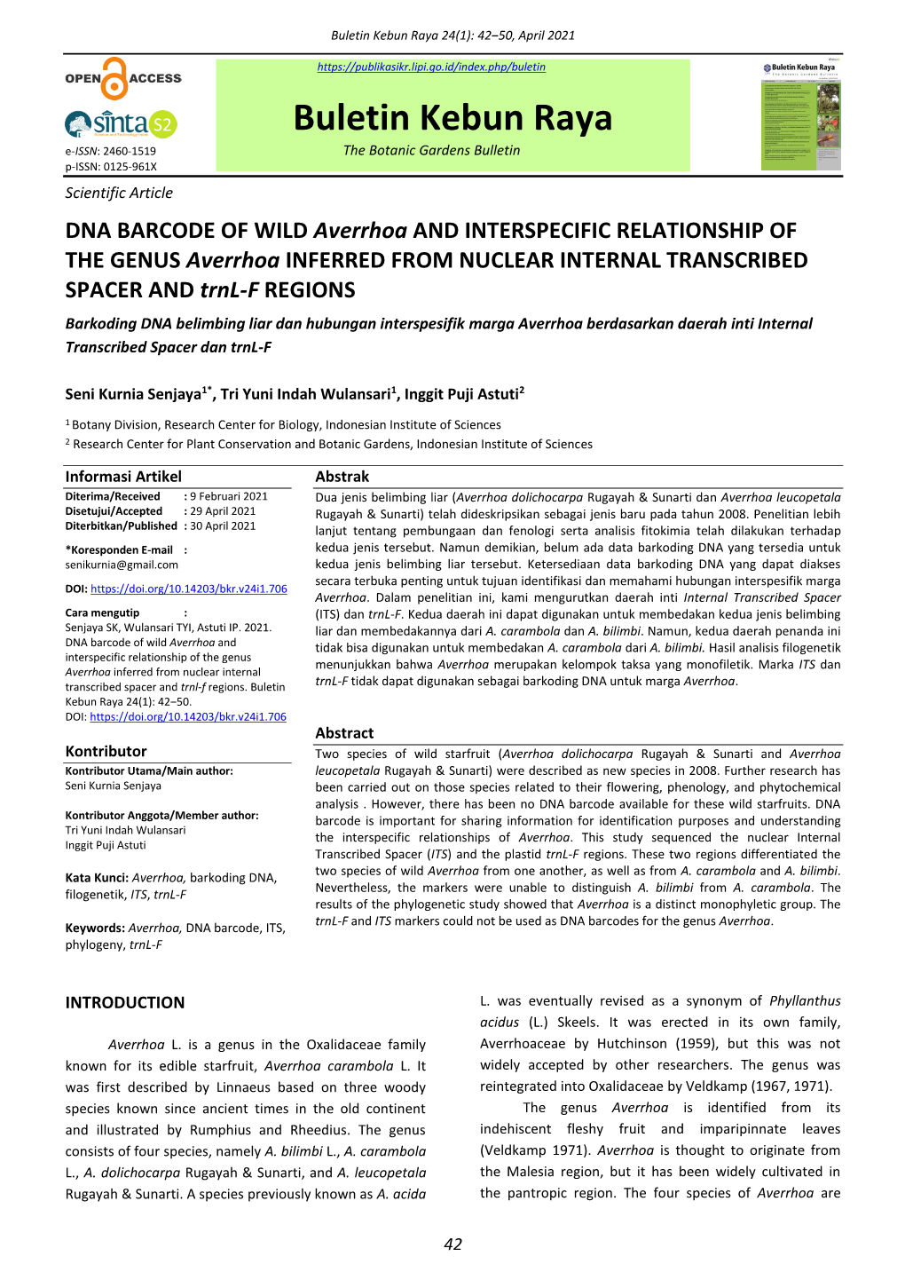 Buletin Kebun Raya 24(1): 42‒50, April 2021