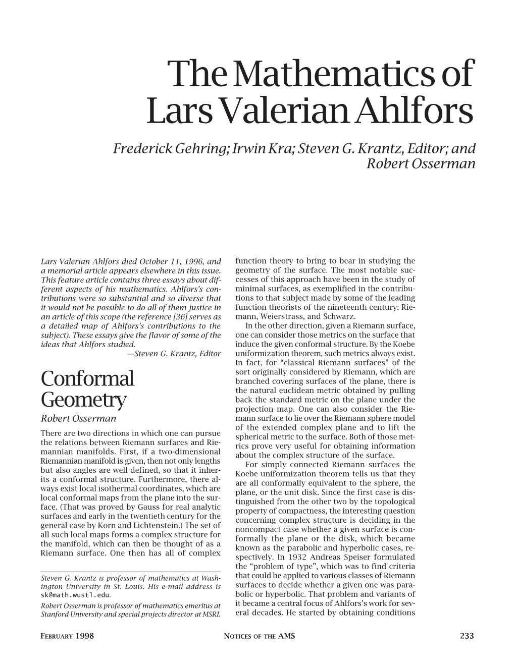 The Mathematics of Lars Valerian Ahlfors Frederick Gehring; Irwin Kra; Steven G